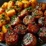 Honey Garlic Sausage served with roasted sweet potatoes on a plate