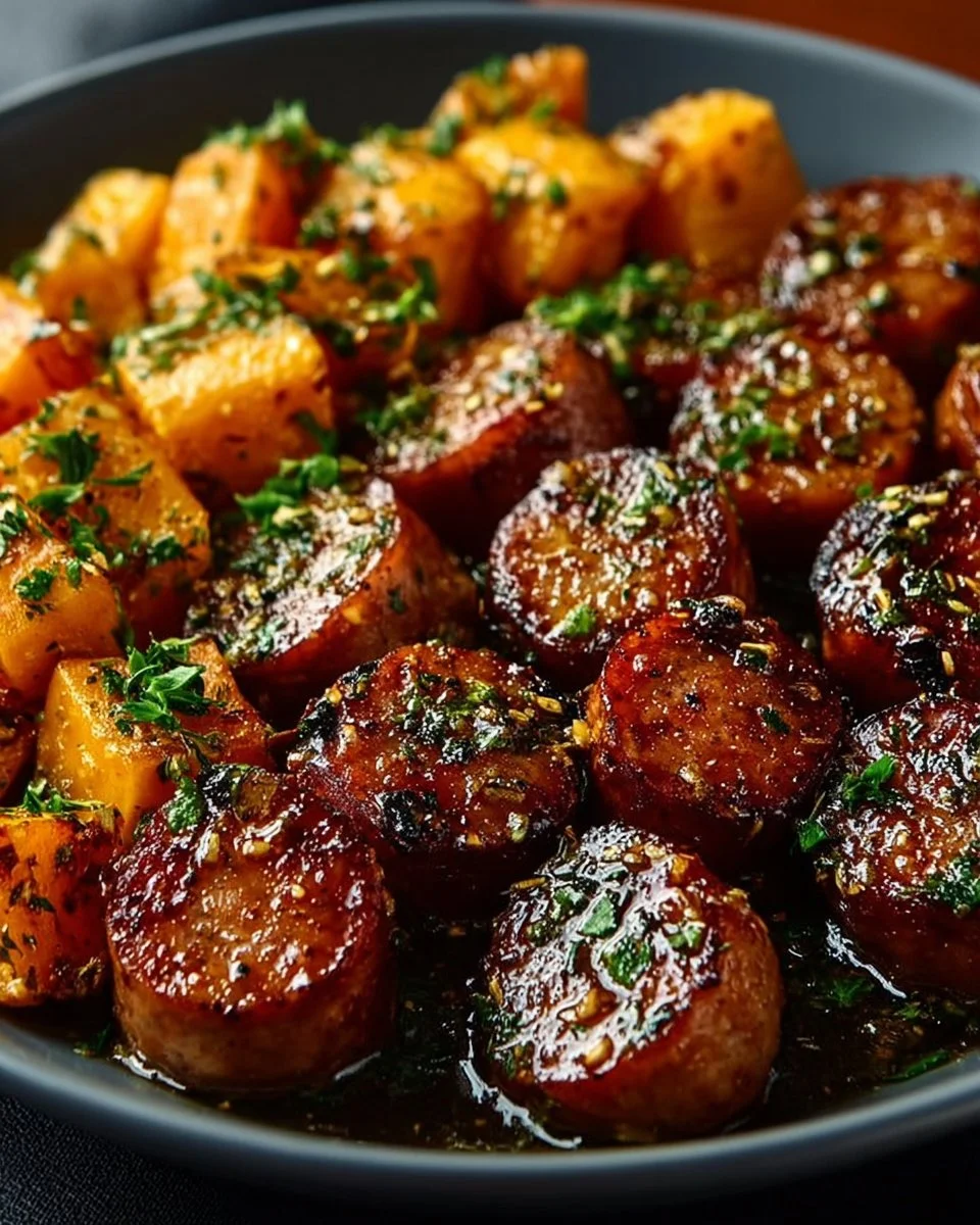 Honey Garlic Sausage served with roasted sweet potatoes on a plate
