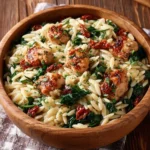 Delicious Italian Herb Chicken served with orzo, sun-dried tomatoes, and spinach.