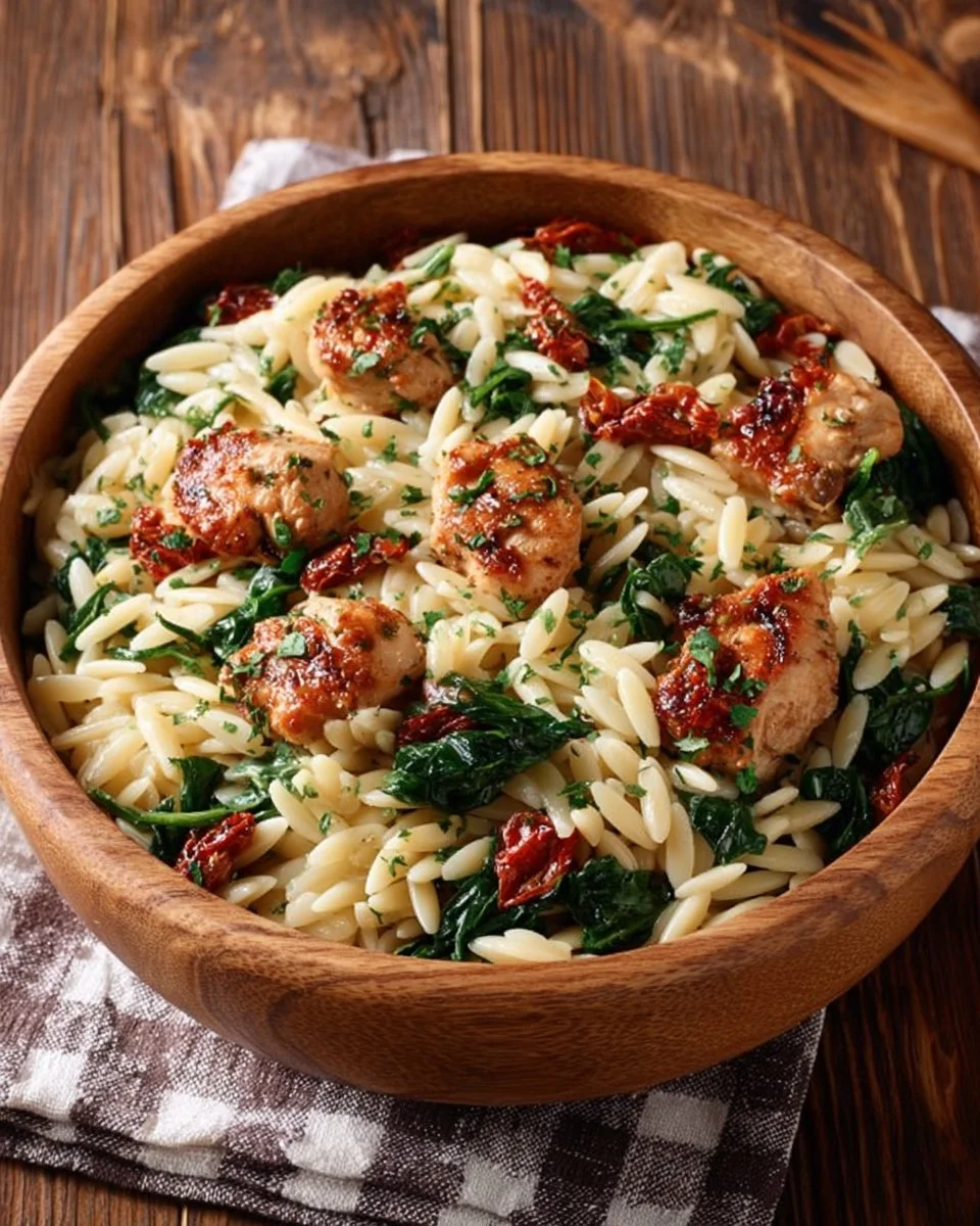 Delicious Italian Herb Chicken served with orzo, sun-dried tomatoes, and spinach.
