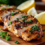 Juicy Lemon Herb Chicken Breasts garnished with fresh herbs and lemon slices
