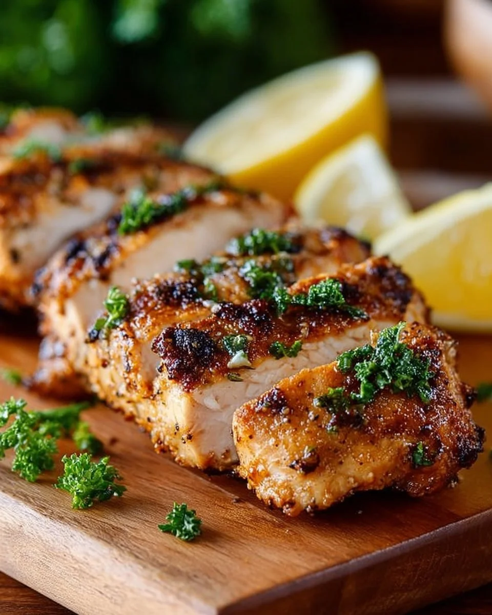Juicy Lemon Herb Chicken Breasts garnished with fresh herbs and lemon slices