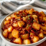 Maple Bacon Sweet Potato Hash served in a bowl, garnished with herbs.