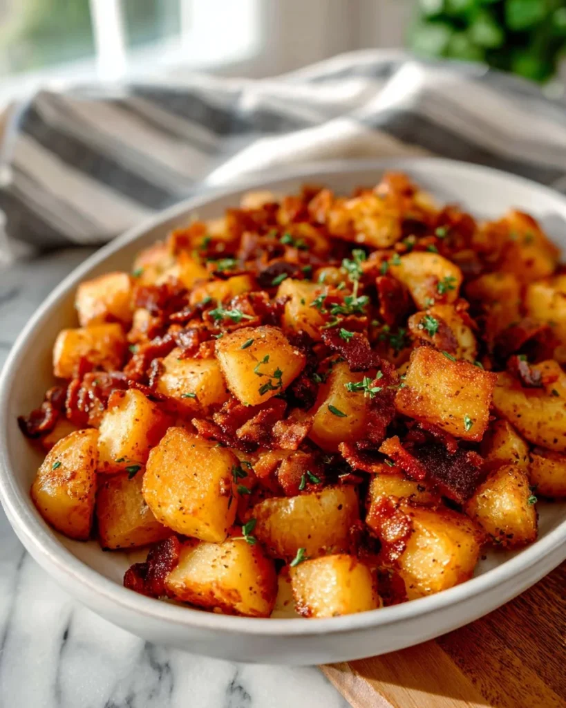 Maple Bacon Sweet Potato Hash served in a bowl, garnished with herbs.