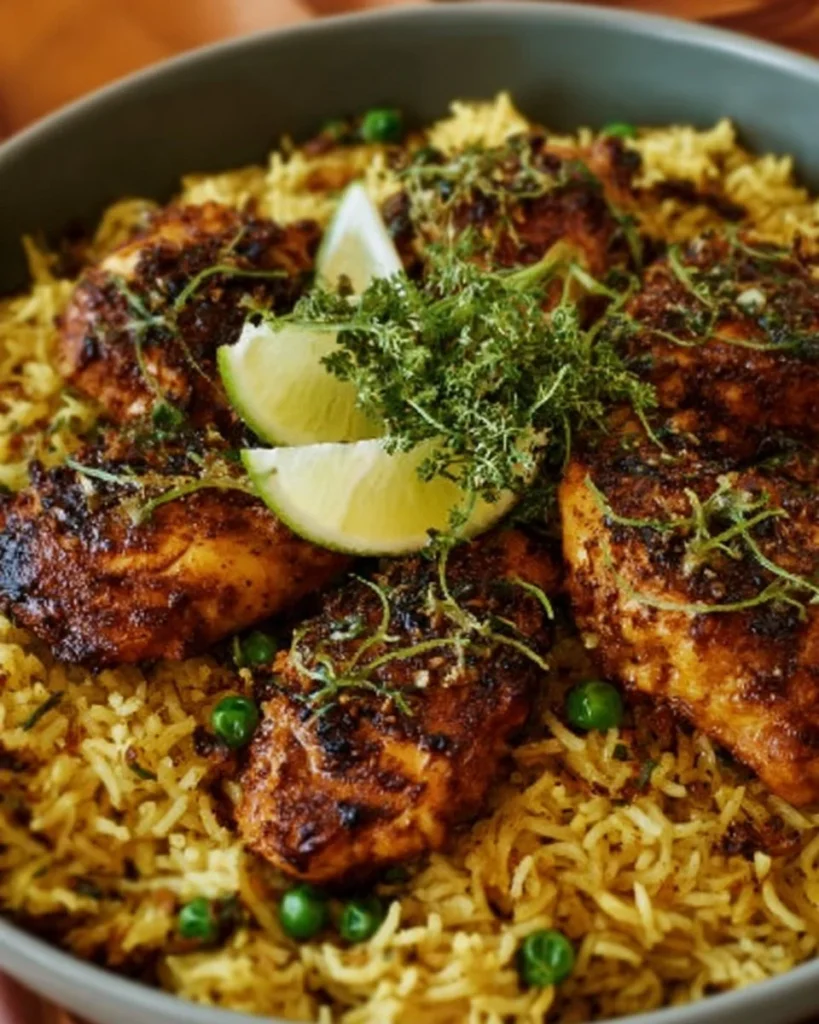 Mediterranean Chicken and Rice dish served with vegetables and herbs