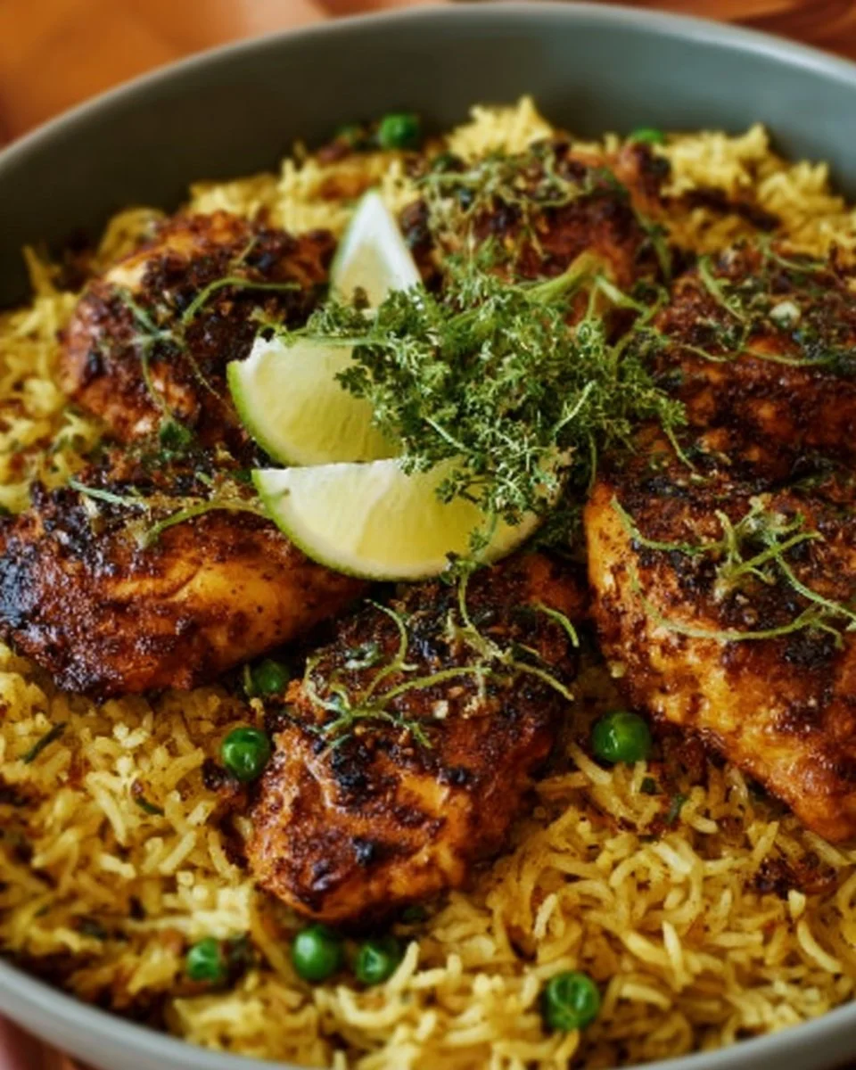 Mediterranean Chicken and Rice dish served with vegetables and herbs