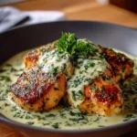 Plate of Mozzarella Chicken in Basil Cream Sauce garnished with fresh basil