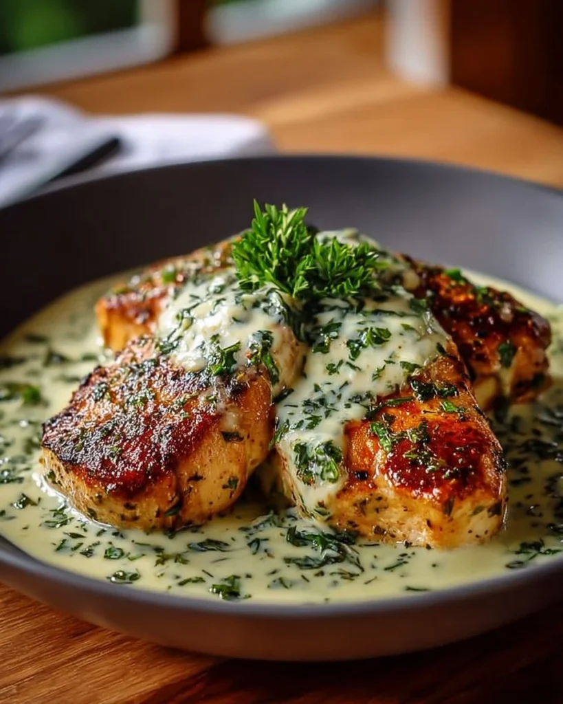 Plate of Mozzarella Chicken in Basil Cream Sauce garnished with fresh basil