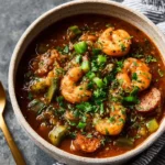 New Orleans shrimp sausage gumbo served in a bowl with rice and herbs