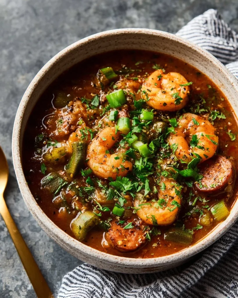 New Orleans shrimp sausage gumbo served in a bowl with rice and herbs