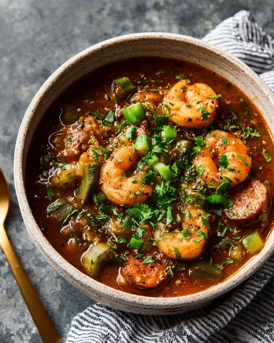 New Orleans shrimp sausage gumbo served in a bowl with rice and herbs