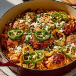 One Pan Chicken Orzo dish featuring chicken, orzo, and colorful vegetables