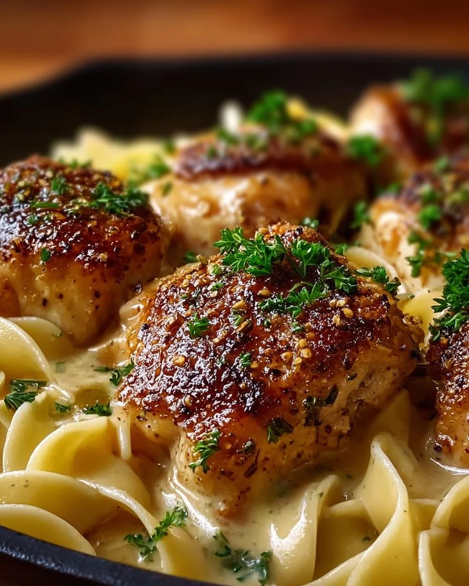 Delicious one-pan chicken served with buttered noodles