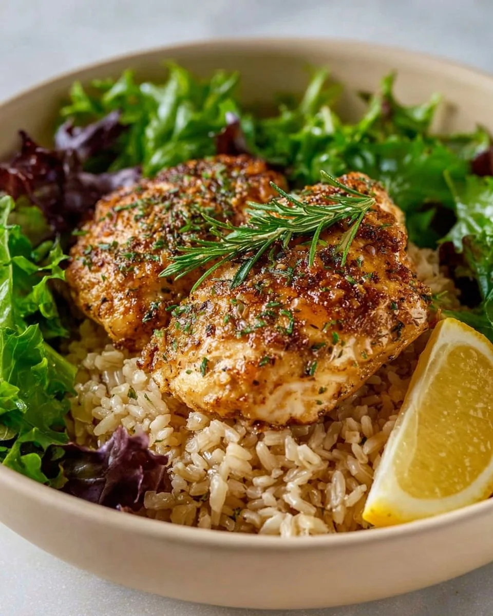 One-pan Lemon Herb Chicken Rice dish with vibrant herbs and lemon slices