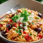 One-Pot Greek Chicken served with orzo in a rustic dish