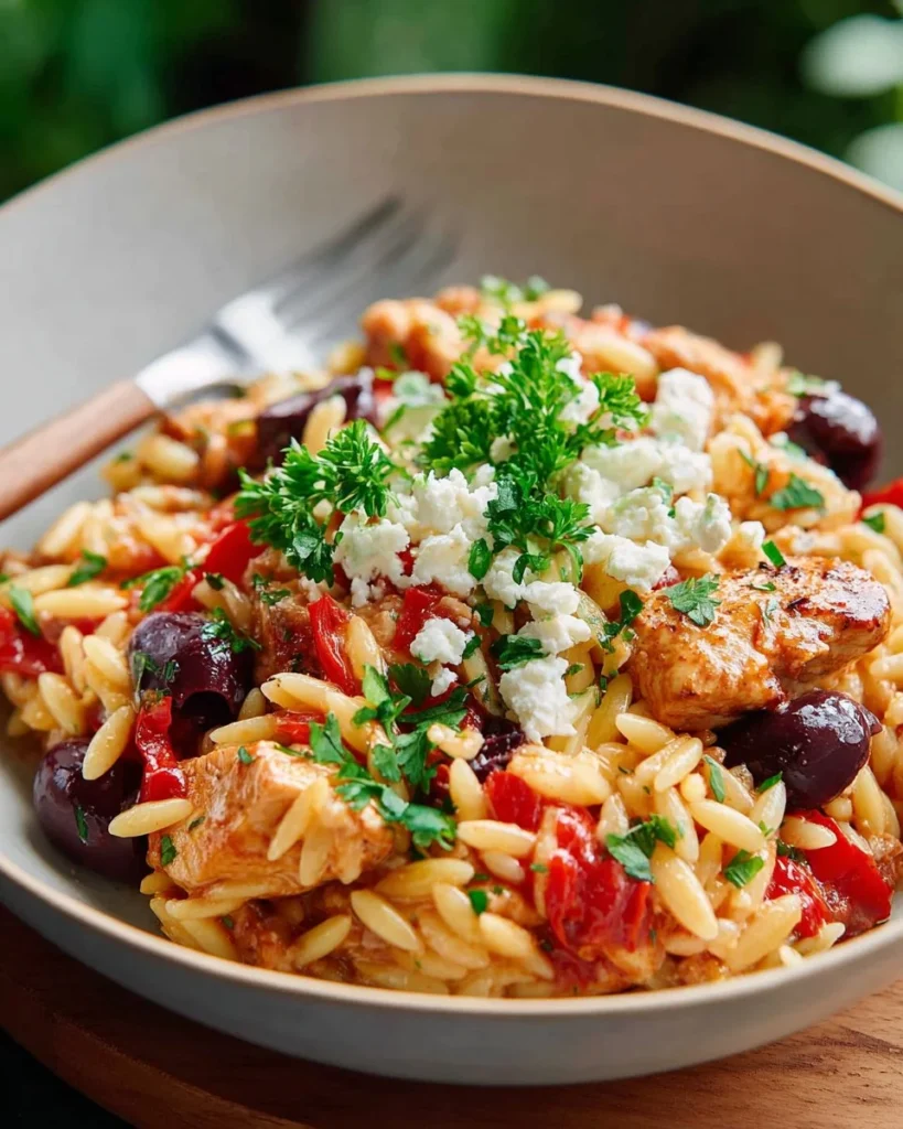 One-Pot Greek Chicken served with orzo in a rustic dish