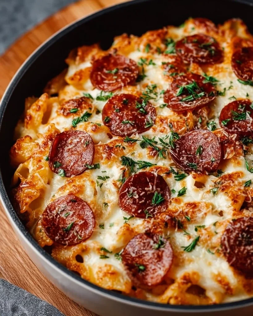 A bowl of one-pot pizza pasta, blending pizza flavors with pasta in a hearty dish.