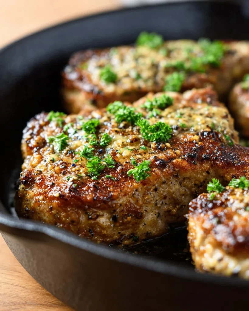 Juicy Parmesan Crusted Pork Chops on a plate, garnished and ready to serve.
