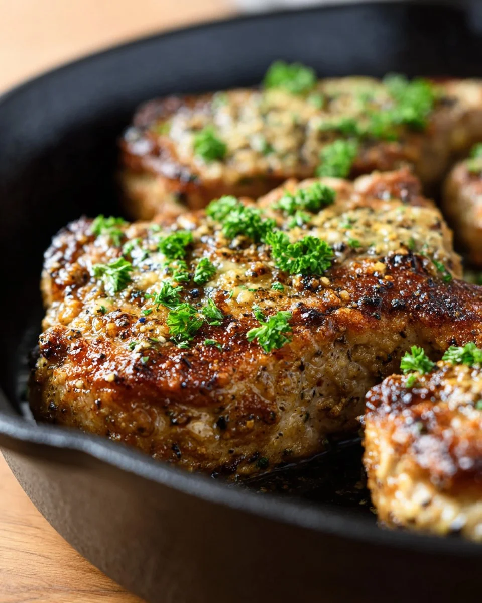 Juicy Parmesan Crusted Pork Chops on a plate, garnished and ready to serve.