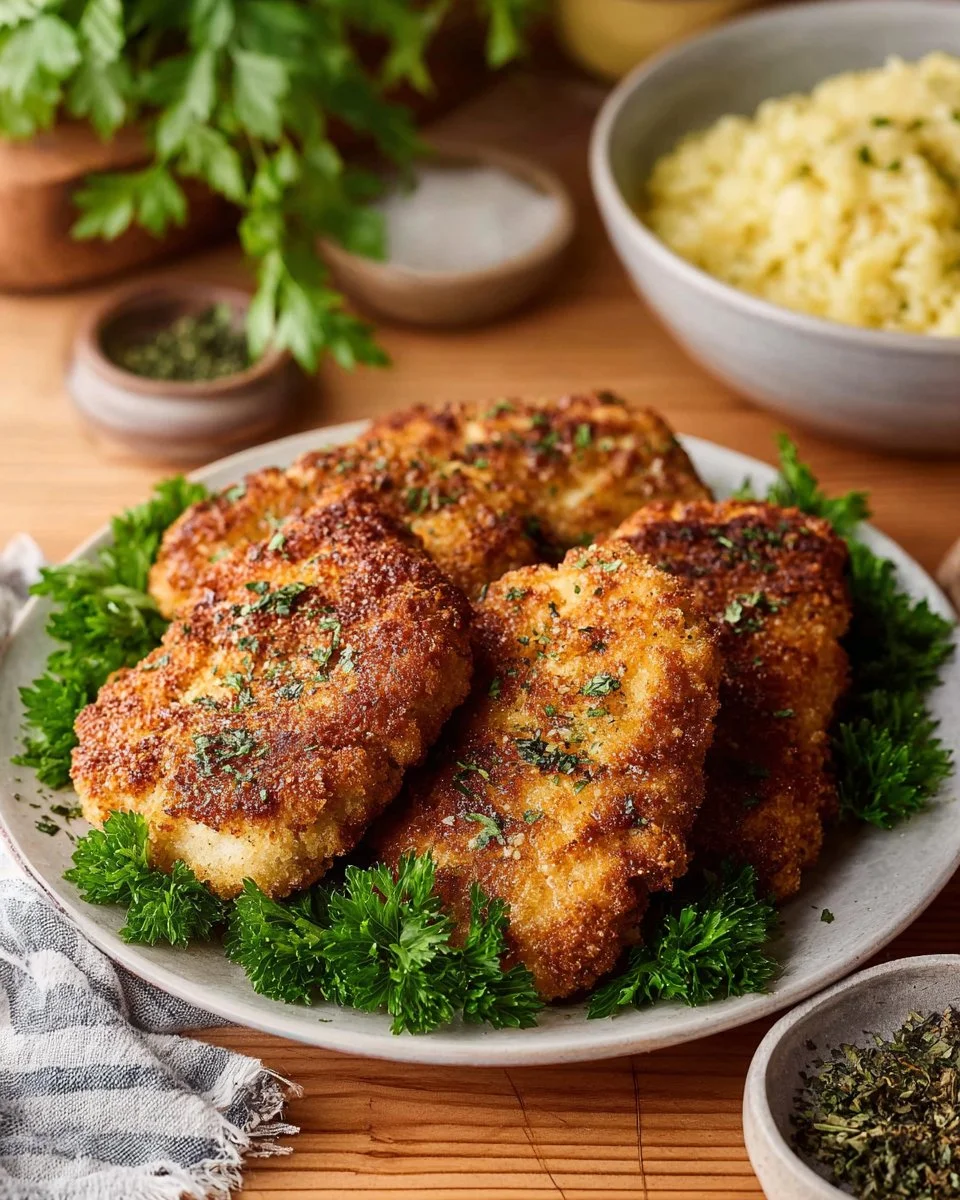 Parmesan Crusted Pork Chops with Herbs freshly cooked and garnished