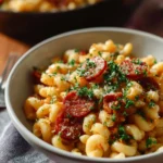 Delicious pepperoni pizza macaroni and cheese dish with melted cheese and pepperoni slices.