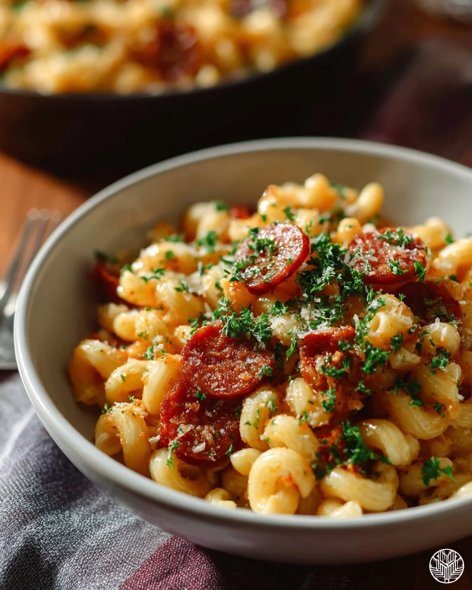 Delicious pepperoni pizza macaroni and cheese dish with melted cheese and pepperoni slices.