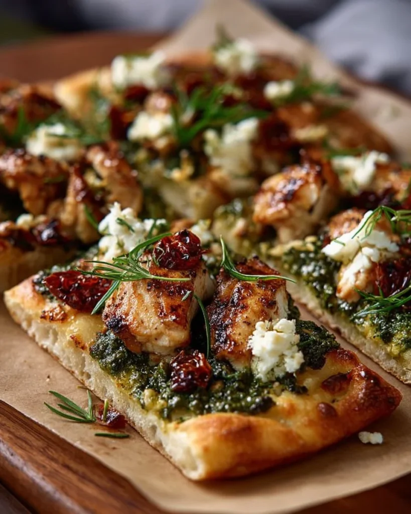 Delicious Pesto Chicken Flatbreads topped with fresh ingredients and pesto sauce.