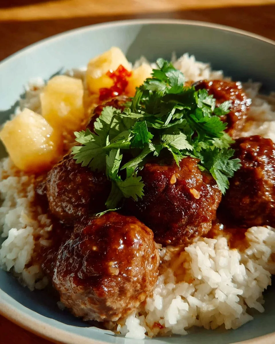 Pineapple glazed meatballs on a plate garnished with parsley