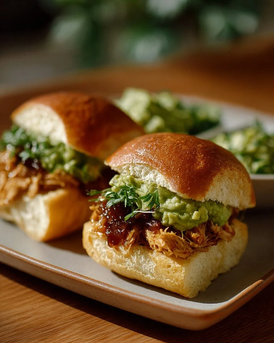 Pulled chicken avocado sliders served on a plate