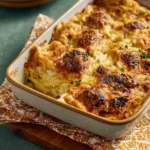 Delicious green chile chicken enchilada casserole served in a baking dish