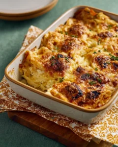 Delicious green chile chicken enchilada casserole served in a baking dish