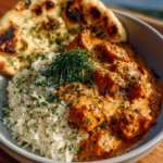 Delicious homemade butter chicken served with rice and naan bread.