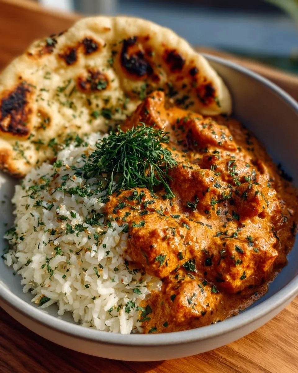 Delicious homemade butter chicken served with rice and naan bread.