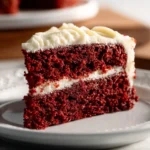 Delicious Red Velvet Cake with Cream Cheese Frosting on a decorated plate