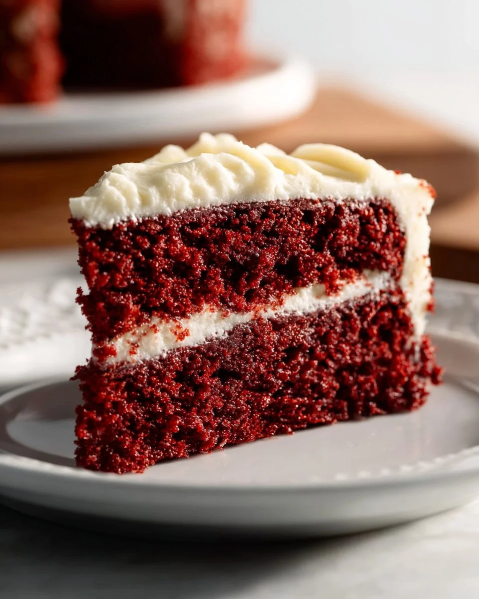 Delicious Red Velvet Cake with Cream Cheese Frosting on a decorated plate