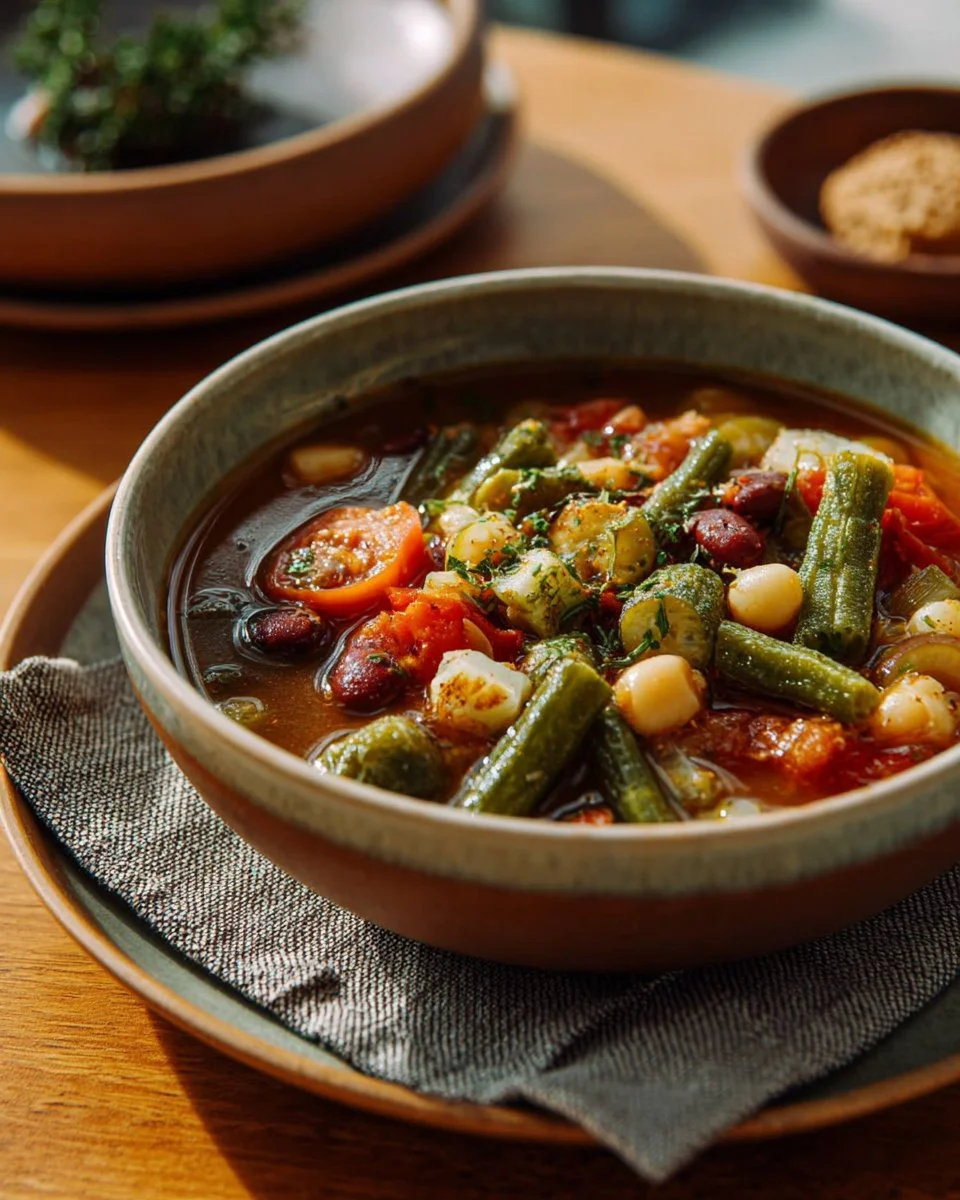 Bowl of delicious vegetable gumbo filled with fresh vegetables and spices