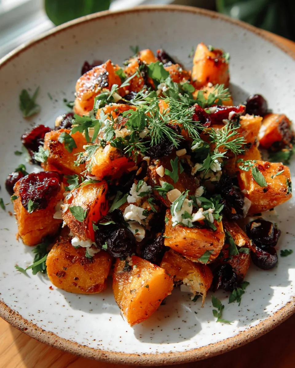 Delicious roasted sweet potato salad with fresh greens and dressing