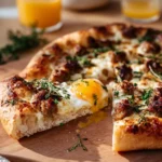 Delicious sausage breakfast pizza topped with cheese and fresh ingredients