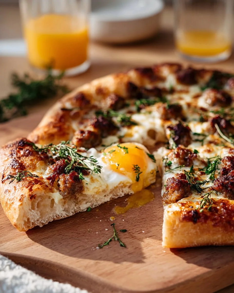 Delicious sausage breakfast pizza topped with cheese and fresh ingredients