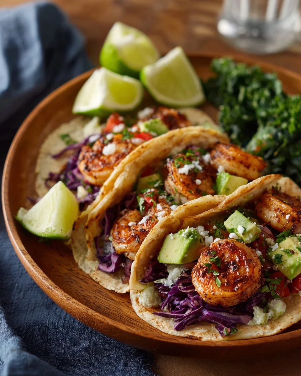 Delicious shrimp tacos served with fresh avocado salsa