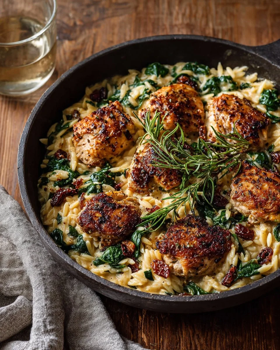Skillet creamy chicken with sun-dried tomatoes and orzo in a pan