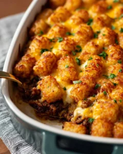 A hearty Sloppy Joe Casserole topped with cheese and served in a baking dish.