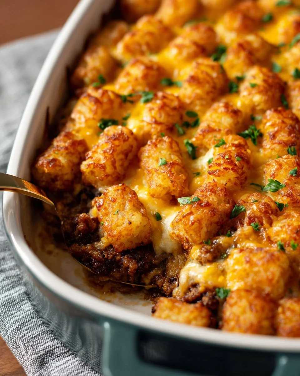 A hearty Sloppy Joe Casserole topped with cheese and served in a baking dish.
