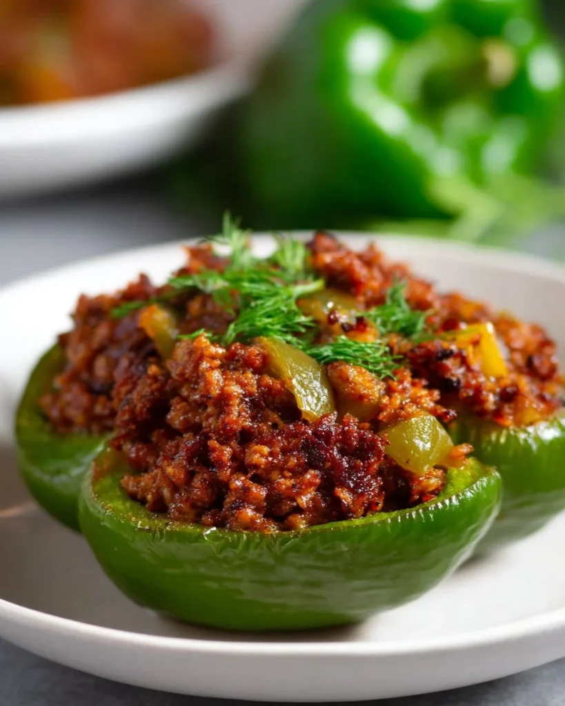 Sloppy Joe stuffed peppers served on a plate with garnishes