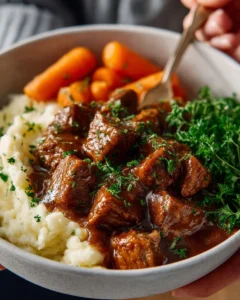 Slow cooker beef tips with rich gravy served on a plate