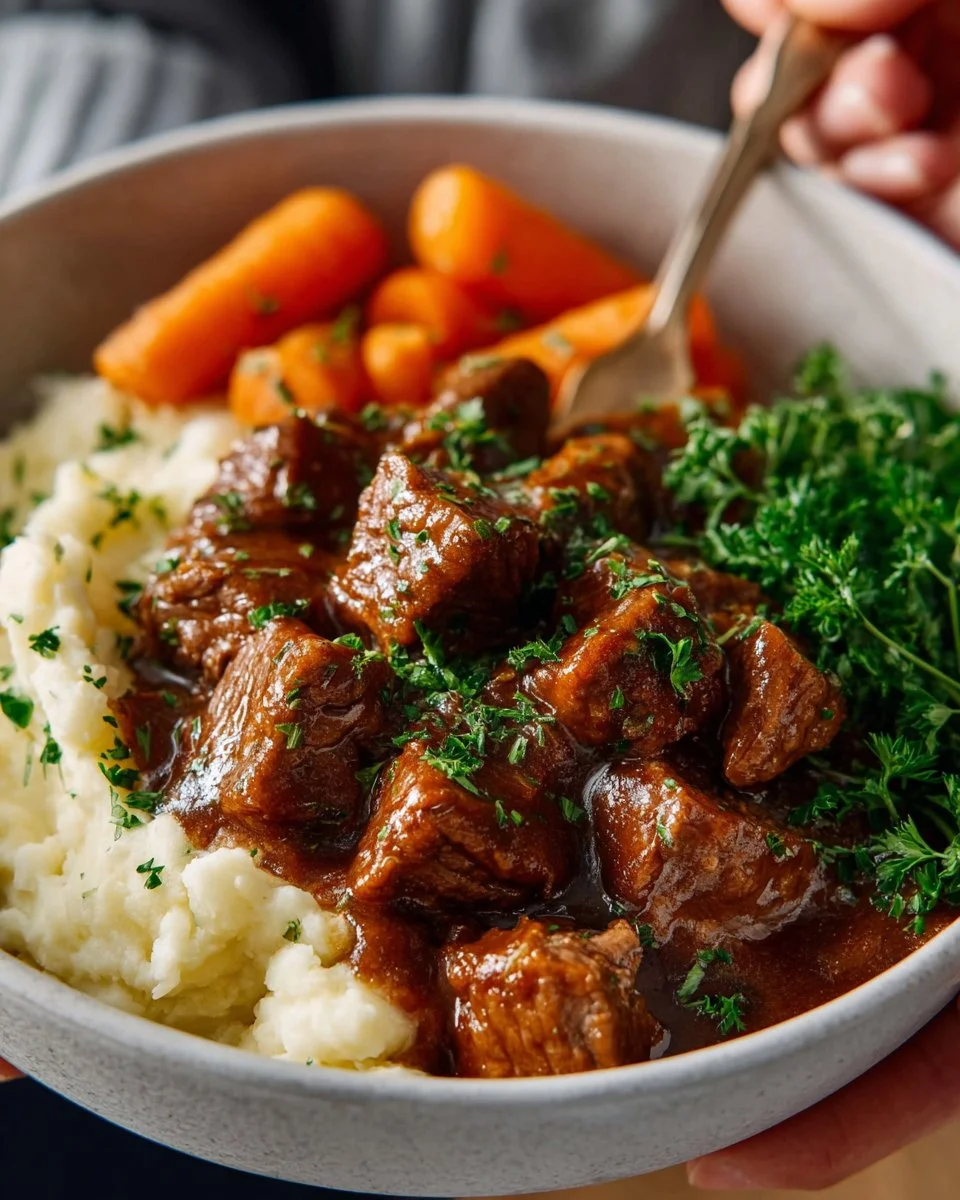 Slow cooker beef tips with rich gravy served on a plate