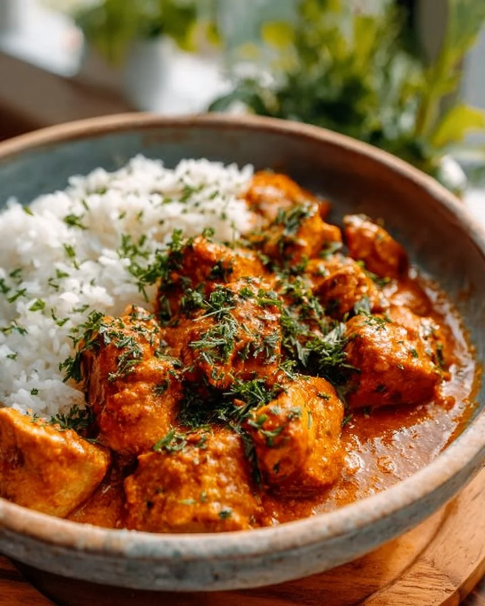 Bowl of Slow Cooker Chicken Tikka Masala with aromatic spices and herbs