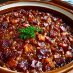 Bowl of Southern-style baked beans with bacon garnished with herbs