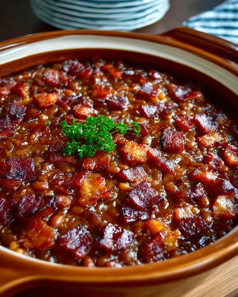 Bowl of Southern-style baked beans with bacon garnished with herbs