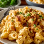 Delicious bowl of Spicy Buffalo Mac and Cheese topped with crispy buffalo chicken